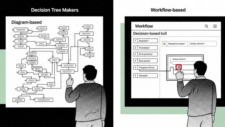 Split-screen or side-by-side illustration showing the two types of an online decision tree maker. Left side: Diagram-based tool Screen displays a colorful flowchart with multiple nodes and branches A person is observing or pointing at the chart Emphasizes planning, brainstorming, and presentation Right side: Workflow-based tool Screen shows an interactive decision interface with steps, questions, and highlighted active choices A person is actively clicking or interacting with the system Emphasizes execution, guided actions, and operational use The overall composition highlights the contrast between visual planning vs interactive execution.