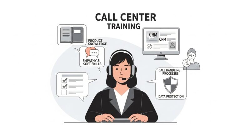 A modern call center training illustration showing a customer support agent wearing a headset at a desk, with simple visual icons floating around them representing key training components: a book for product knowledge, a heart or chat bubble for empathy and soft skills, a computer screen for CRM and tools, a checklist for call handling processes, a shield for compliance and data protection, and a calm breathing icon for stress management.