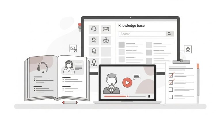 A minimalist illustration showing essential call center training materials neatly arranged on a desk: an open training manual, a laptop displaying a video lesson, a checklist or template document, and a searchable knowledge base interface on a screen. Simple icons and flat design style, soft neutral colors, professional and educational tone, white background, modern B2B SaaS blog illustration.