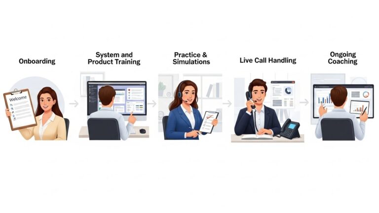 A clean, minimalist infographic-style illustration showing five connected stages of call center agent training in a left-to-right flow: onboarding, system and product training, practice and simulations, live call handling, and ongoing coaching. Simple icons for each stage (welcome, headset, checklist, phone call, growth chart), flat design, soft neutral colors, white background, professional B2B SaaS blog illustration.