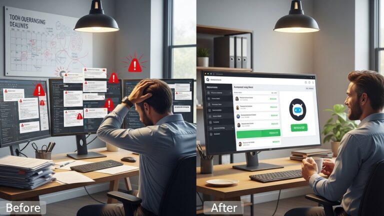A realistic illustration showing a business owner or IT manager looking overwhelmed by support requests, with many incoming tickets and notifications, contrasted with a calmer automated help desk system organizing and handling requests efficiently. Professional office setting, clear before-and-after feeling, realistic business illustration.