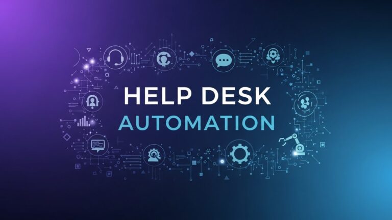 A realistic illustration of a modern IT help desk environment where human support agents work alongside automation tools. Show a clean office setting with support staff at computers, a chatbot interface on a screen, automated ticket flows, and simple visual icons representing automation assisting human agents. Professional, neutral colors, high-quality realistic illustration, business technology style.