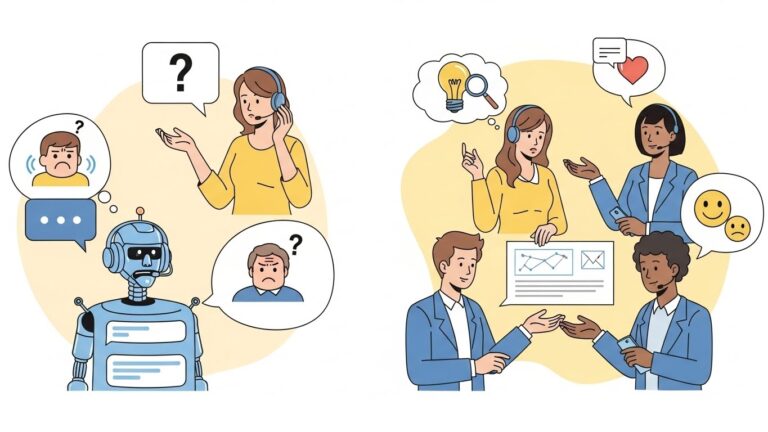 A realistic illustration showing a balanced comparison: one side displaying benefits of help desk automation like speed and efficiency, and the other side showing limitations like human judgment and empathy. Neutral business tone, professional office setting, realistic illustration.