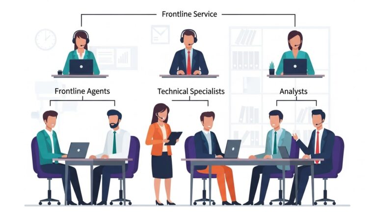 A professional illustration showing a customer service team structure: frontline agents, supervisors, technical specialists, and analysts working together. Subtle visual hierarchy indicating different roles. Clean office setting, collaborative atmosphere, modern business illustration style.