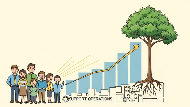 An illustration showing long-term business growth supported by strong customer relationships. Visual elements like loyal customers, steady growth charts, and stable support operations. Warm, professional tone emphasizing sustainability and trust.