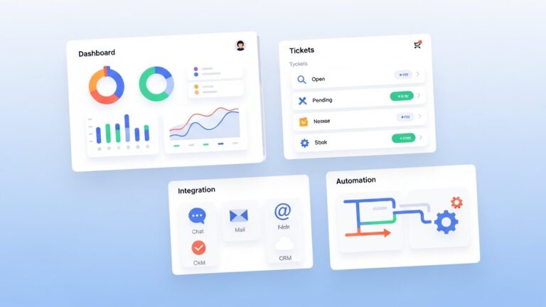 A simplified illustration of customer service desk software tools. Dashboards, ticket systems, integrations, and automation icons displayed on screens. Non-technical, beginner-friendly visual approach. Clean, modern SaaS-style illustration.
