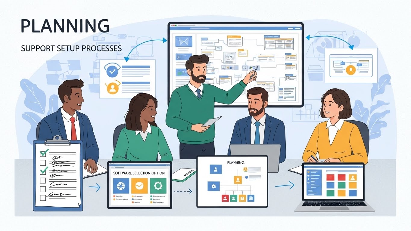 An illustration representing planning and setup: checklists, workflow diagrams, team organization, and software selection. Business team discussing and organizing support processes. Clear, structured composition with a calm, instructional tone.