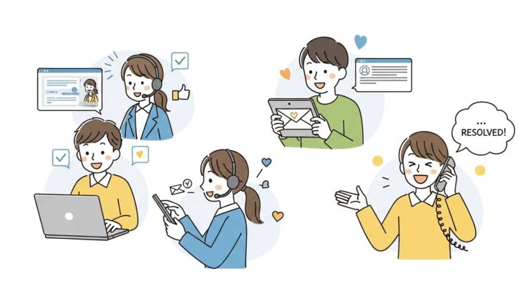 An illustration showing happy customers receiving fast and personalized support. Customers interacting through chat, email, and phone with clear positive outcomes. Friendly, approachable style, soft colors, and simple visual storytelling focused on customer satisfaction.