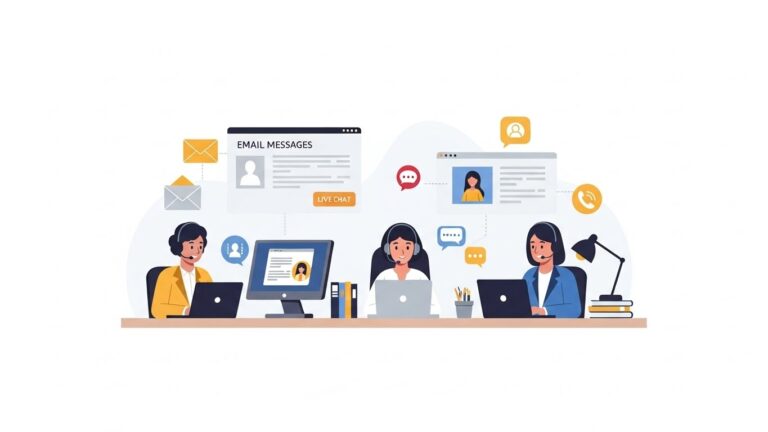 A modern, professional illustration of a customer service desk at the center of a business operation. A clean, well-lit workspace with support agents using laptops and headsets, digital screens showing customer messages, tickets, and chat icons. Visual elements representing email, live chat, phone support, and customer satisfaction icons. Friendly, approachable atmosphere, neutral corporate colors, minimalist business illustration style. Designed as a blog cover image for an article about customer service desks.