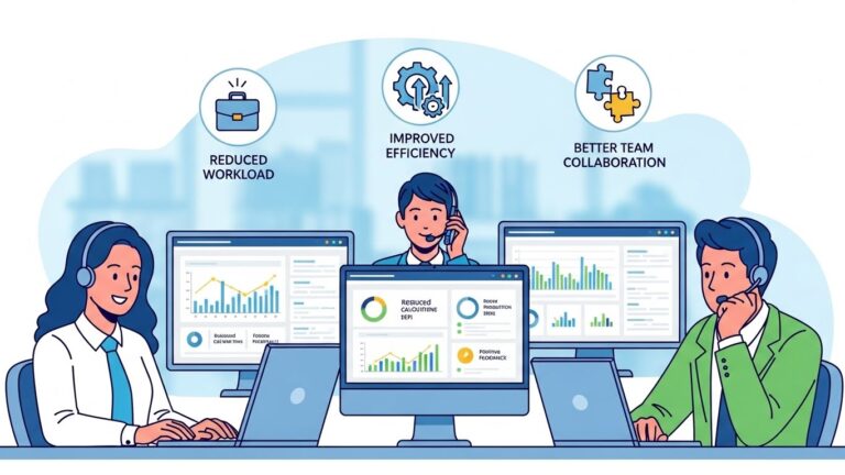 A business-focused illustration showing reduced workload, improved efficiency, and better team collaboration through a customer service desk. Support agents working calmly with organized dashboards and performance indicators. Clean, modern, professional illustration with positive tone.