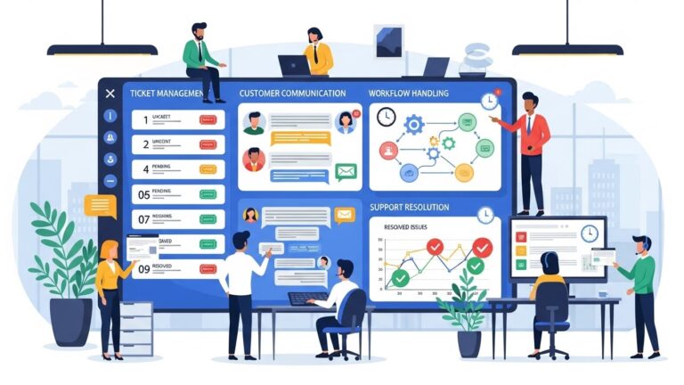 An illustration showing multiple customer service tasks happening in one place: ticket management, customer communication, workflow handling, and support resolution. Icons for tickets, messages, checkmarks, and timelines. Clean office environment, organized and efficient atmosphere, modern business illustration.