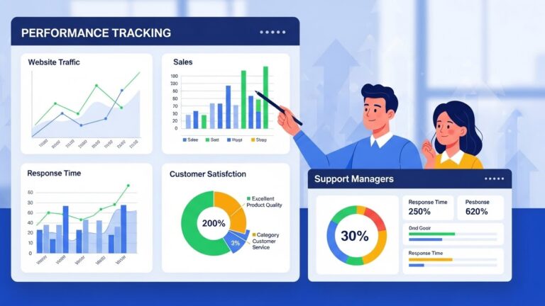 A professional illustration showing performance tracking: charts, graphs, satisfaction scores, and response time indicators displayed on a dashboard. Support managers reviewing data calmly. Clean business aesthetic with a focus on insight and improvement.