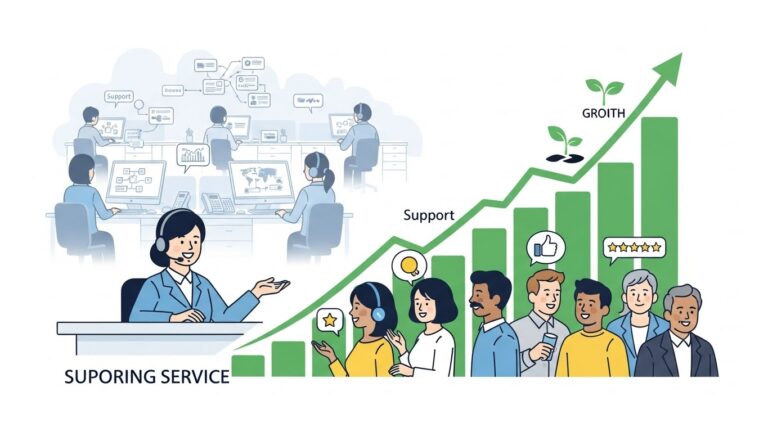 A professional business illustration showing a growing company supported by a customer service desk. Visual elements like rising charts, satisfied customers, and organized support workflows. Support agents working efficiently in the background. Clean, modern corporate style with soft colors and clear visual hierarchy.