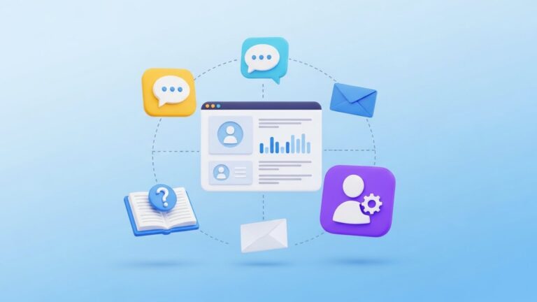A conceptual illustration highlighting customer service desk features such as centralized customer data, omnichannel communication, and self-service options. Floating icons for chat, email, customer profiles, and knowledge base around a central dashboard. Simple, friendly business visual style.